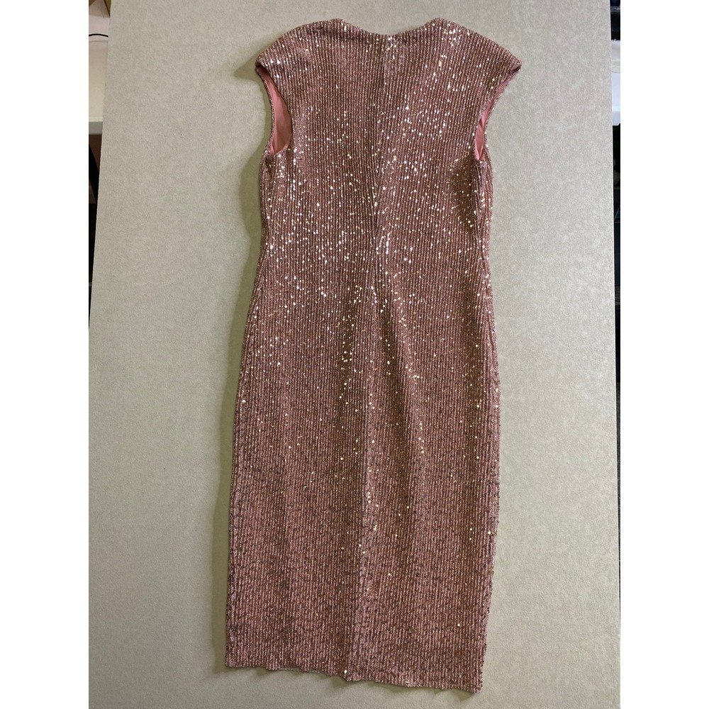 Connected Apparel Rose Gold Sequin Sheath Dress Cap Sleeve V-Neck Midi Size 12 - Picture 8 of 10